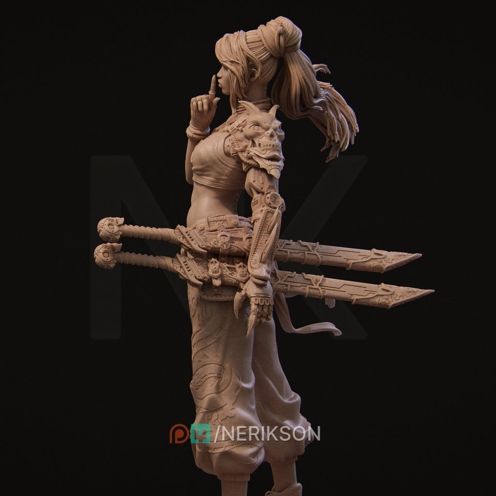 A detailed 3D model of a female character with intricate armor and weapons, standing in a fighting stance.