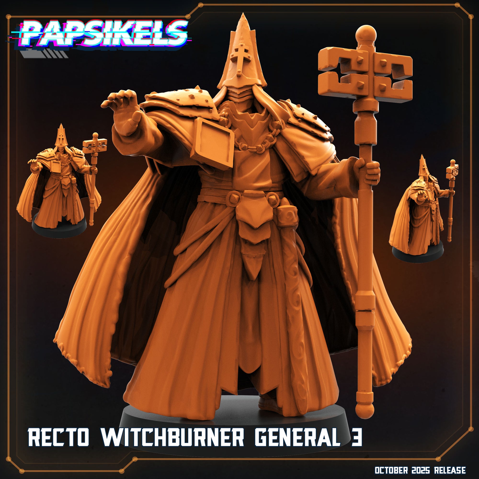 The image is a 3D rendering of a character from the video game "Papsikels", specifically the "Rechto Witchburner General". The character is depicted in a detailed, golden-brown color and is holding a staff with a cross on top. The image also includes additional smaller images of the character, which are not described in detail. The image is dated October 2005 and is part of the Papsikels video game series.