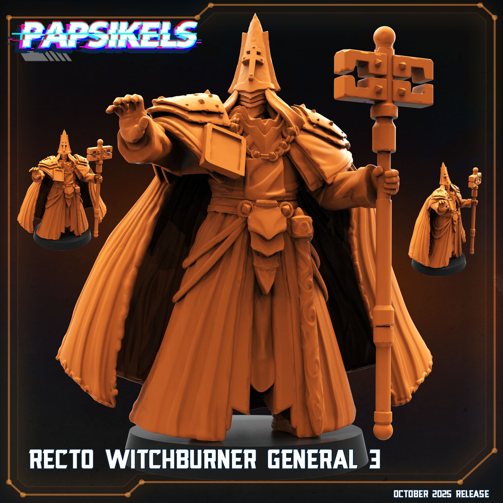 The image is a 3D rendering of a character from the video game "Papsikels", specifically the "Rechto Witchburner General". The character is depicted in a detailed, golden-brown color and is holding a staff with a cross on top. The image also includes additional smaller images of the character, which are not described in detail. The image is dated October 2005 and is part of the Papsikels video game series.