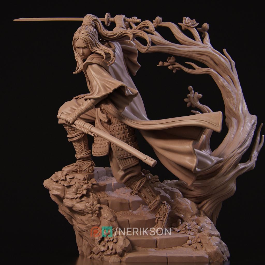Michiko Samurai Warrior | 3D Printed Resin Miniature Statue | 75mm & 140mm Unpainted Figure | Nerikson