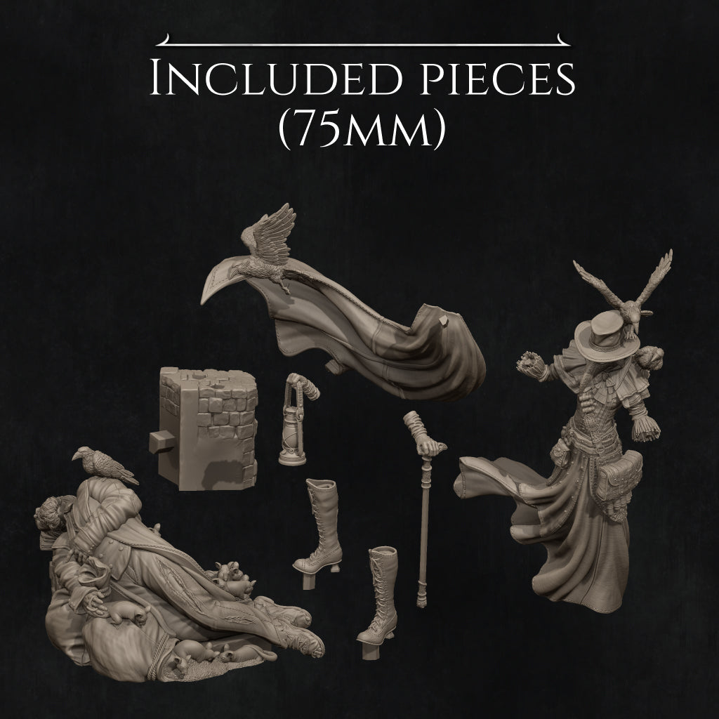 various figurines and sculptures, including a bird, a person, and other abstract shapes and forms, all of which are described as "INCLUDED PIECES (75mm)" in the provided text.