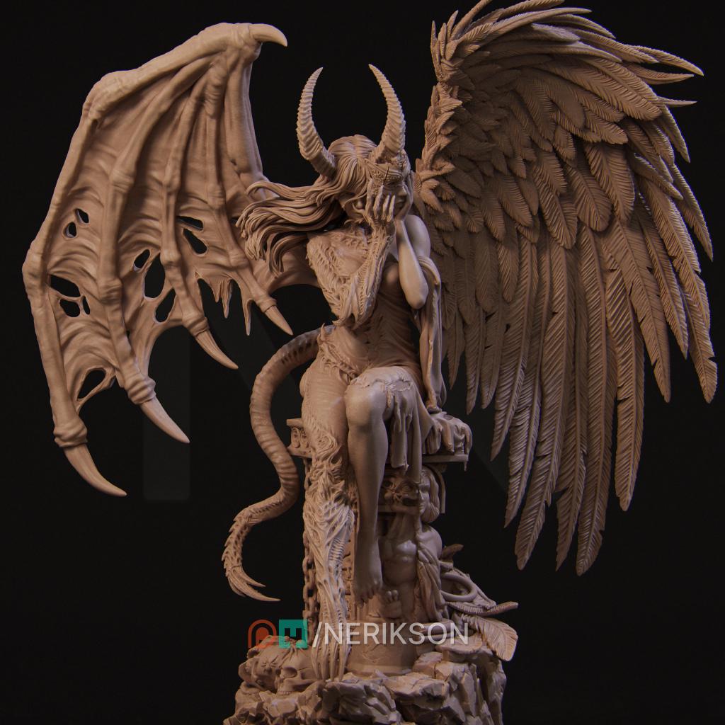 a detailed, intricate sculpture of a winged, horned figure with a long tail, sitting on a rock and holding a staff.