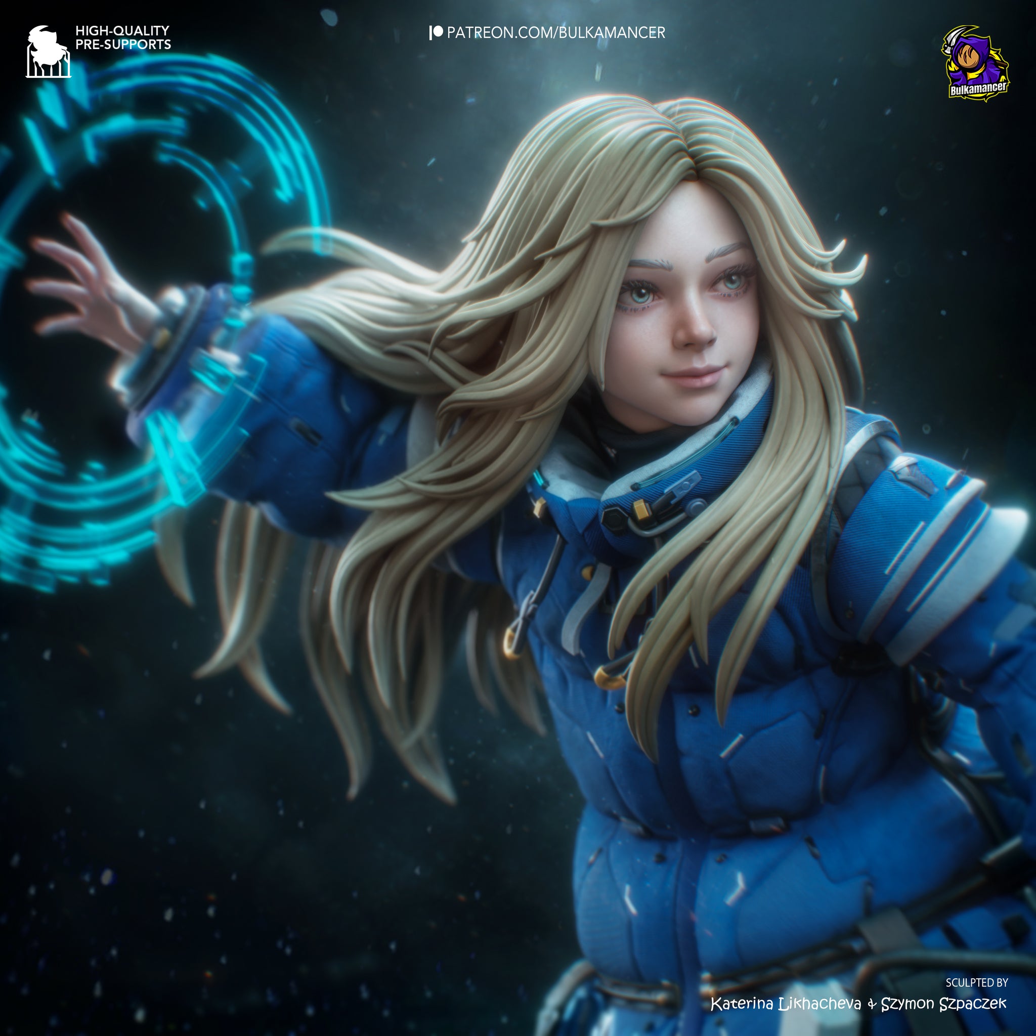 A digital illustration of a female character with long blonde hair, wearing a blue jacket and holding a glowing blue orb in her hand.