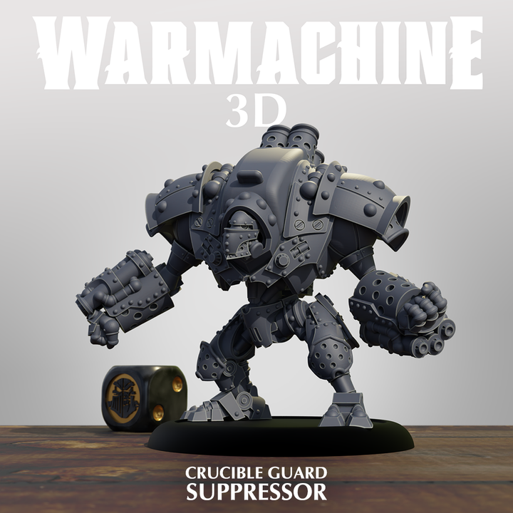 A 3D rendering of a crucible guard suppressor, a type of armored mechanical device, with a text overlay that reads "WARMACHINE 3D".