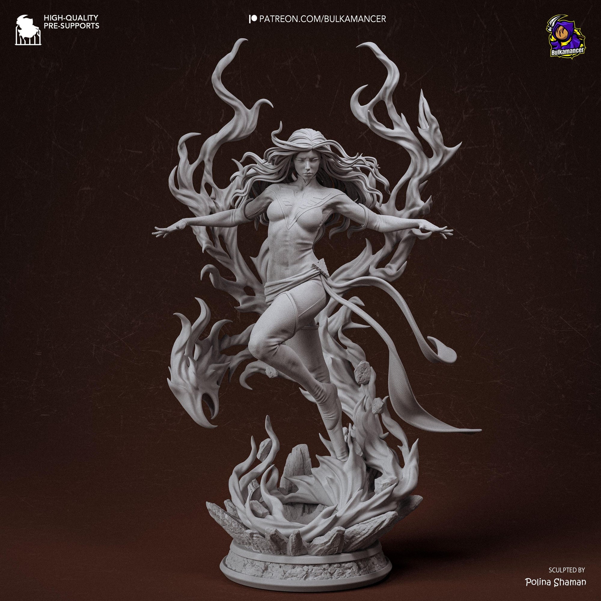 Blazing Rebirth – Elemental Fire Sorceress Display Statue | Large 3D Printed Resin Sculpture | Unpainted Collector Model