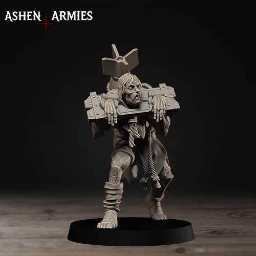 A figurine of a zombie-like character with a large weapon on its back, standing on a black base against a dark background.