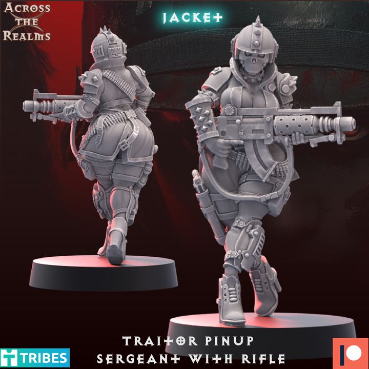 two detailed 3D models of female soldiers, one in a crouching position and the other standing with a rifle. The soldiers are wearing helmets and carrying various weapons, suggesting they are part of a military unit or team.