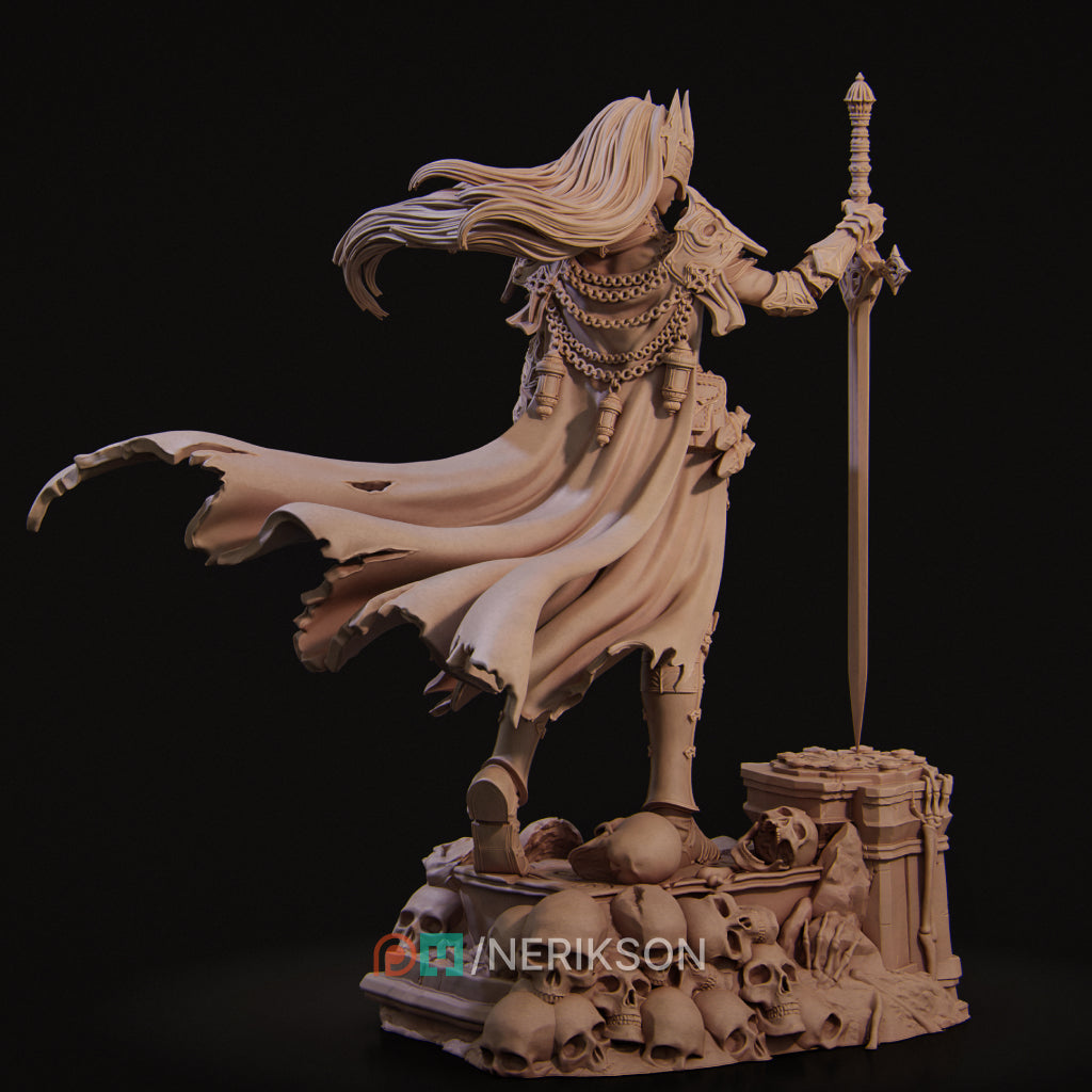 A detailed 3D model of a female warrior figure, holding a sword and surrounded by a pile of skulls.