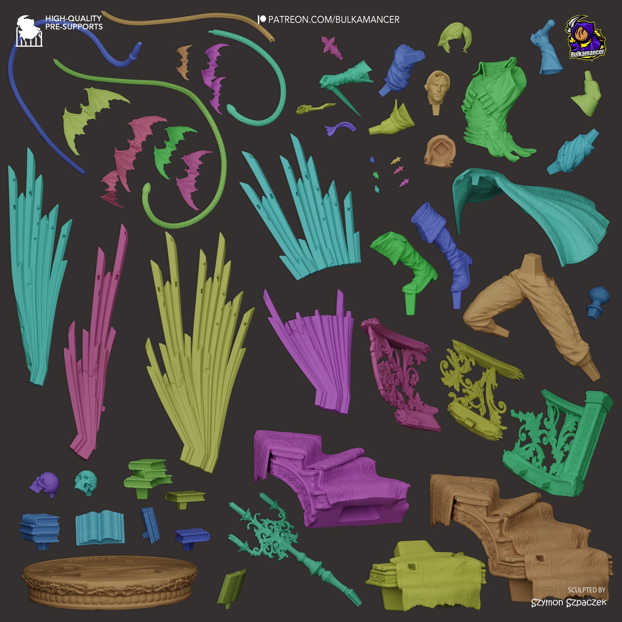various colorful and abstract 3D models or sculptures, including a mix of shapes, textures, and colors. The objects appear to be part of a collection or a series, but the exact number of objects cannot be determined without more specific information. The image does not contain any text or specific descriptions, and the focus is on the visual elements and their arrangement.