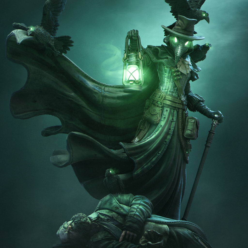 A dark, mysterious figure with glowing green eyes and a long, flowing robe stands over a fallen figure, holding a lantern.