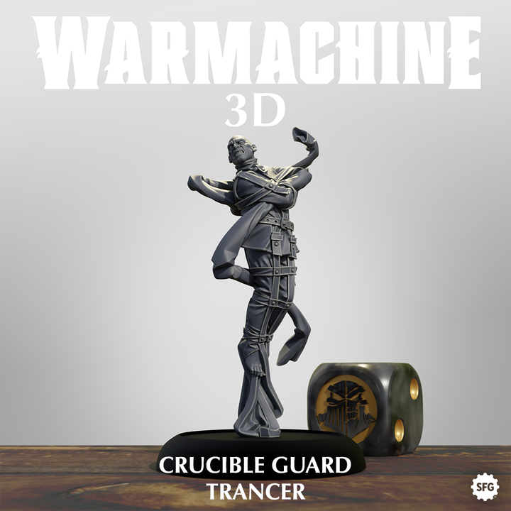 a figurine of a crucible guard trancer, a 3D model of a crucible guard trancer, and a dice.