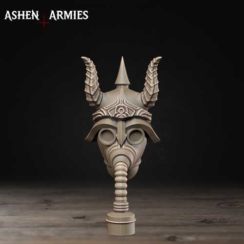A detailed sculpture of a gas mask with horns and a pointed top, set against a dark background.