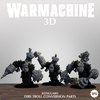 three 3D models of a group of mechanical creatures, likely from a fantasy or science fiction game. The creatures are depicted in a dynamic pose, with one holding a weapon and the others holding various tools or equipment. The image is a collage of multiple images, and the text "WARMACHINE 3D" is prominently displayed at the top, indicating the theme or subject of the image.
