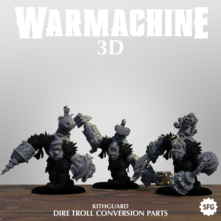 three 3D models of a group of mechanical creatures, likely from a fantasy or science fiction game. The creatures are depicted in a dynamic pose, with one holding a weapon and the others holding various tools or equipment. The image is a collage of multiple images, and the text "WARMACHINE 3D" is prominently displayed at the top, indicating the theme or subject of the image.