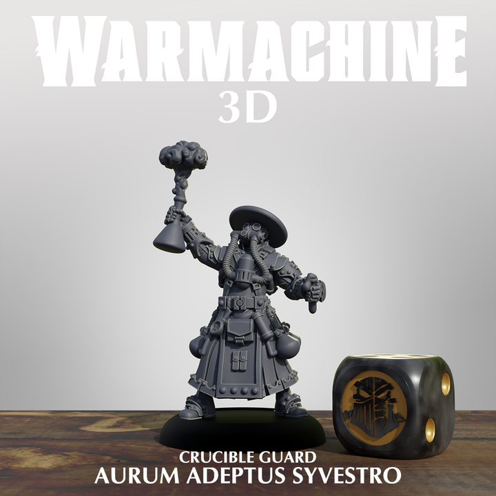 a figurine of a Crucible Guard, a character from the video game "Aurum Adeptus Syvestro", standing next to a dice.