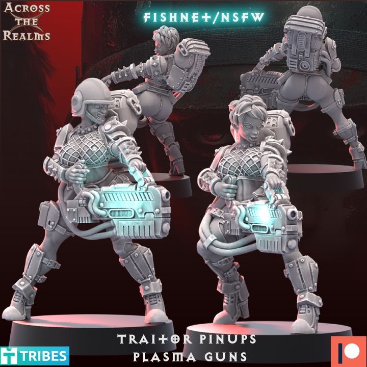The image is a collage of three 3D models of female characters, each with unique poses and weapons, set against a dark background.