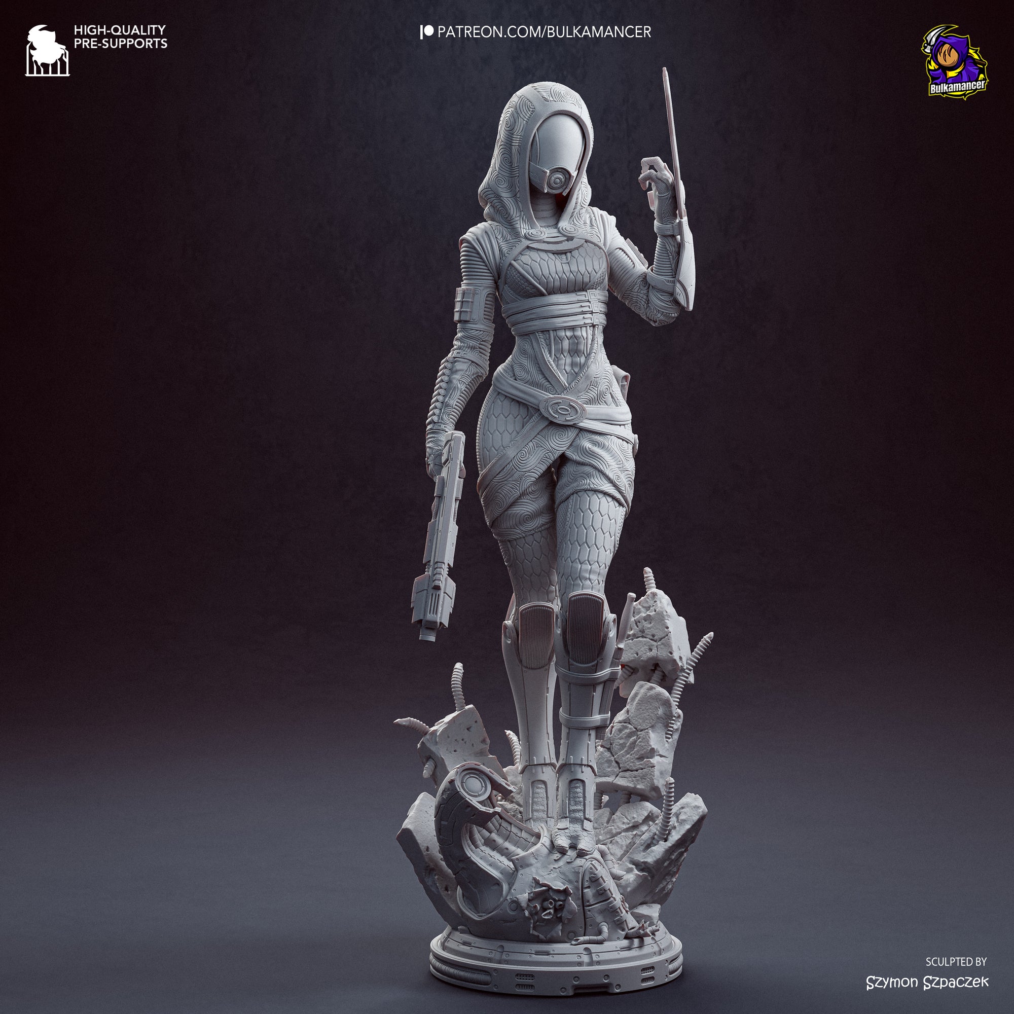 A 3D rendering of a female character in a futuristic, space-themed outfit, holding a weapon and standing on a platform amidst debris.