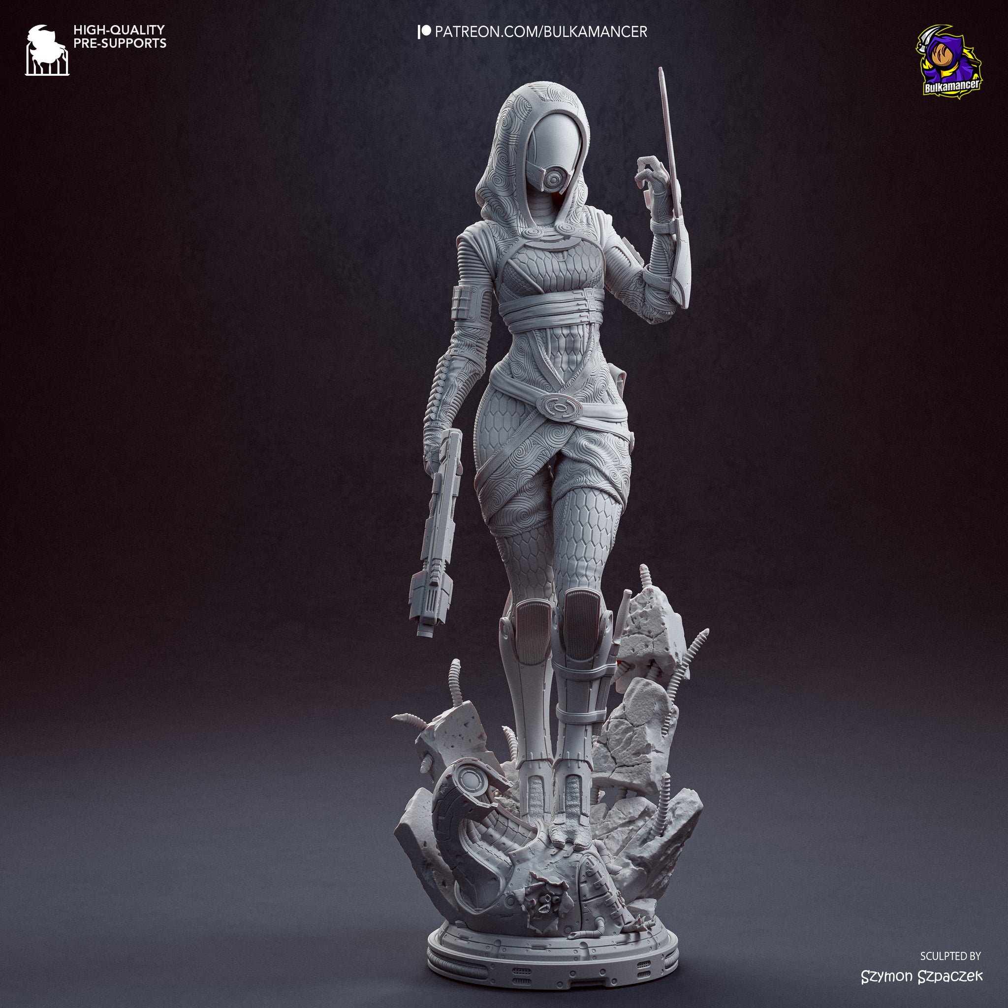 A 3D rendering of a female character in a futuristic, space-themed outfit, holding a weapon and standing on a platform amidst debris.
