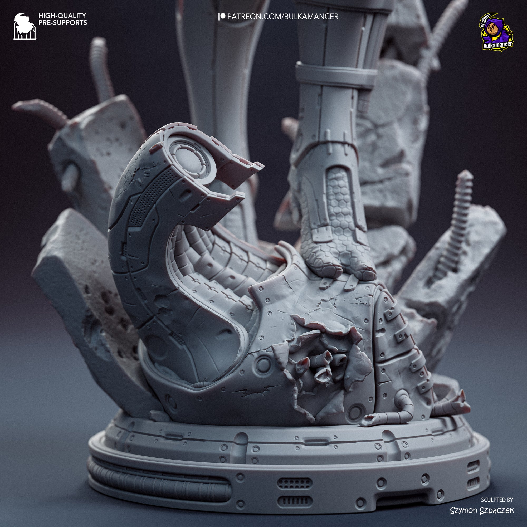 The image is a detailed 3D rendering of a mechanical or technological object, possibly a sculpture or model. The object appears to be made of metal or other materials and is placed on a base or stand. The image does not contain any text or descriptive phrases, and it focuses on the intricate details and design of the object.