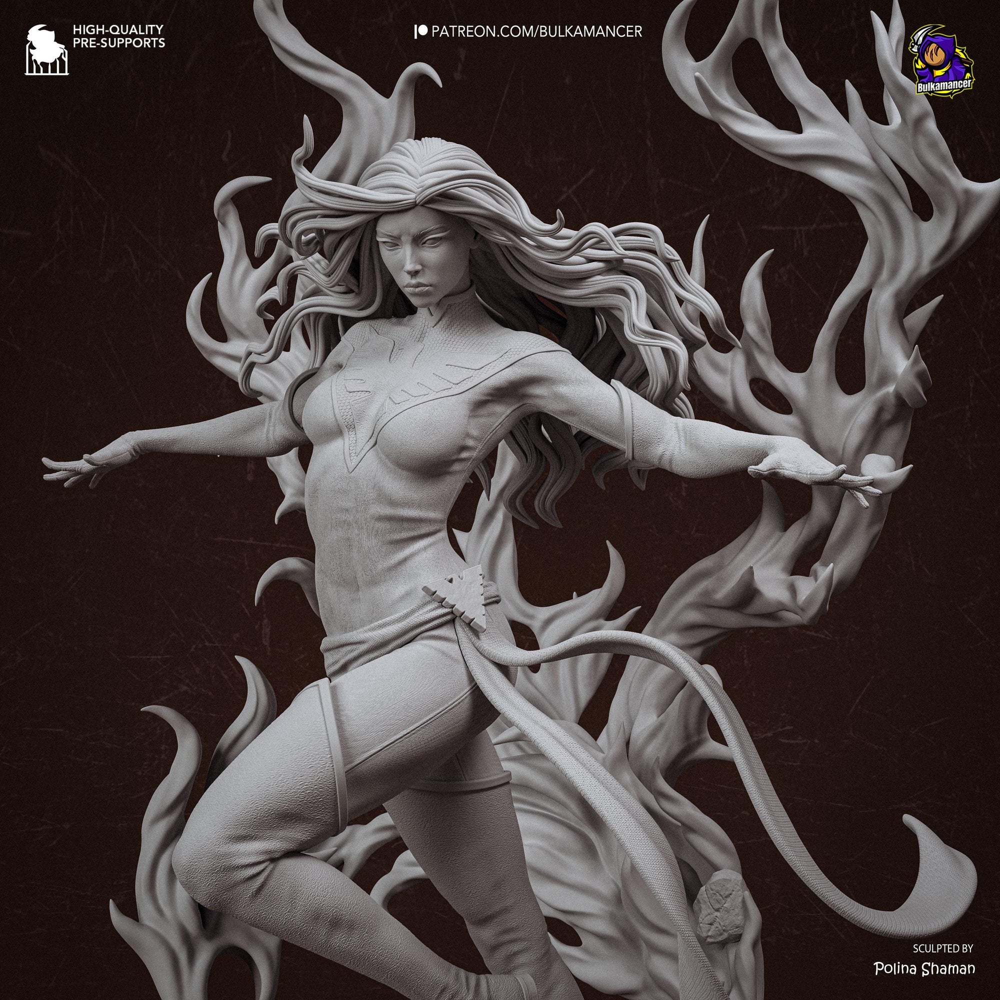 Blazing Rebirth – Elemental Fire Sorceress Display Statue | Large 3D Printed Resin Sculpture | Unpainted Collector Model