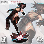 The image is a digital artwork depicting a female character in a futuristic, space-themed setting. The character is wearing a futuristic, metallic outfit and has a large, spiked helmet. The artwork is a collage of multiple images, and the text includes "Blastelle - Alter User", "presupported 75mm and mini: NSFW", and "GAZ MINIS".