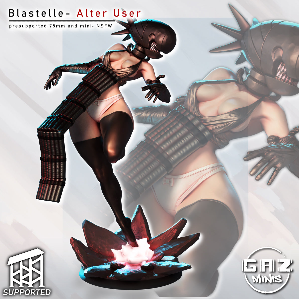 The image is a digital artwork depicting a female character in a futuristic, space-themed setting. The character is wearing a futuristic, metallic outfit and has a large, spiked helmet. The artwork is a collage of multiple images, and the text includes "Blastelle - Alter User", "presupported 75mm and mini: NSFW", and "GAZ MINIS".