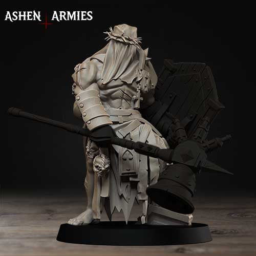 A statue of a warrior figure, likely from the video game Ashen Arms, standing in a dark setting.