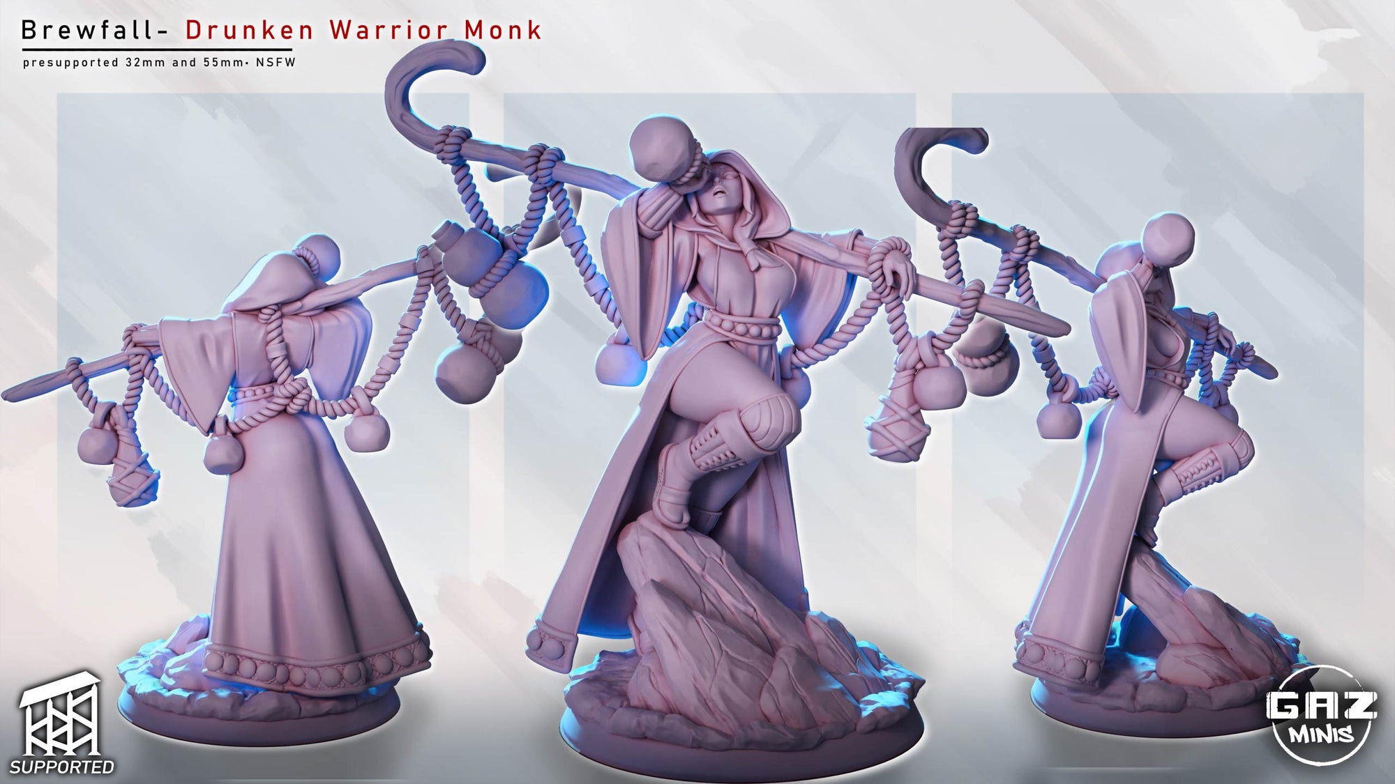 three figurines of a character named Brewfall, a Drunken Warrior Monk, posed in various dynamic stances.