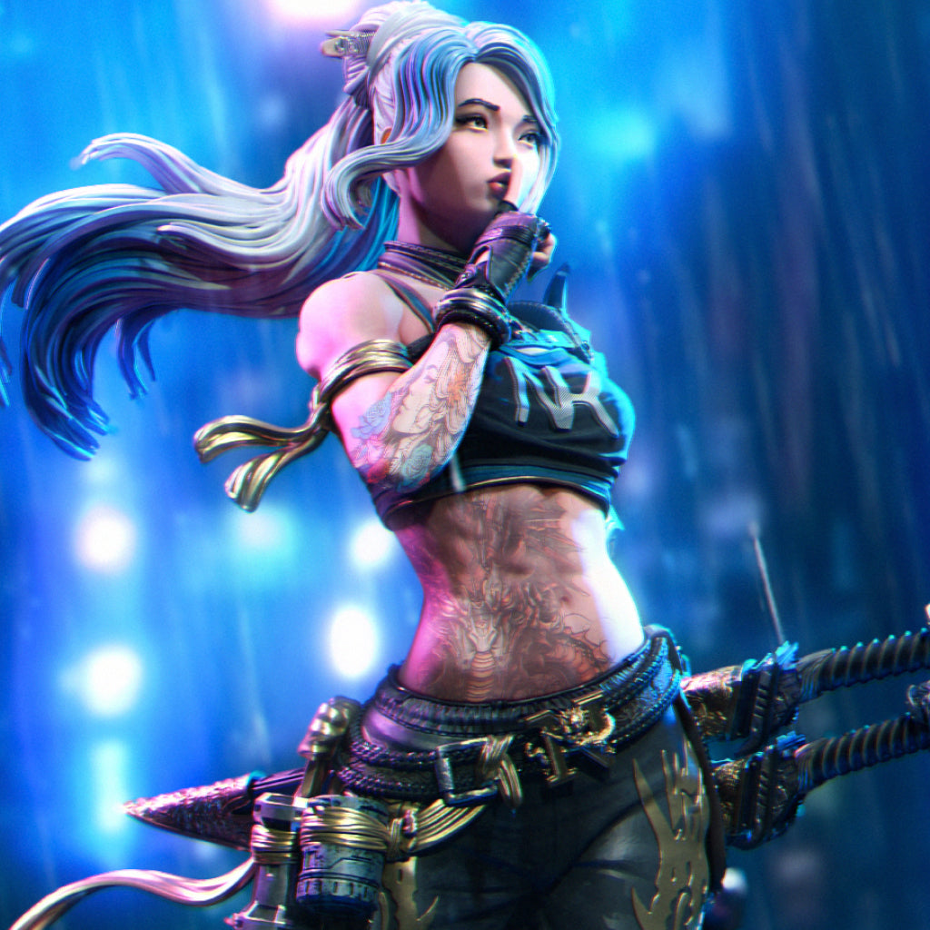A female character with long, flowing hair and tattoos is shown in a dynamic pose, holding a weapon and surrounded by futuristic-looking armor and equipment.