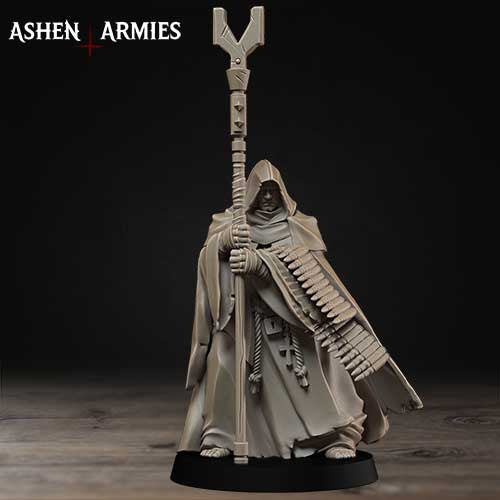 A statue of a figure holding a staff and wearing a long robe, standing on a black base against a dark background.