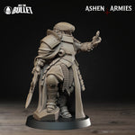 A detailed 3D model of a knight in armor, standing on a base and holding a sword in one hand and a shield in the other.