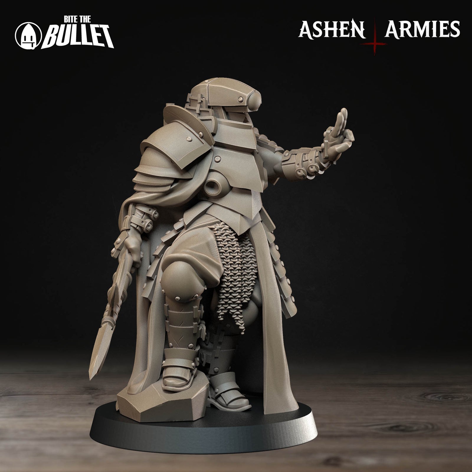 A detailed 3D model of a knight in armor, standing on a base and holding a sword in one hand and a shield in the other.