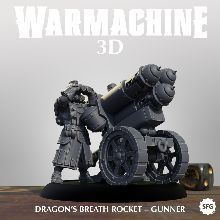 a 3D rendering of a dragon's breath rocket and a gunner, with the text "Warmachine 3D" and "Dragon's Breath Rocket - Gunner" displayed prominently.
