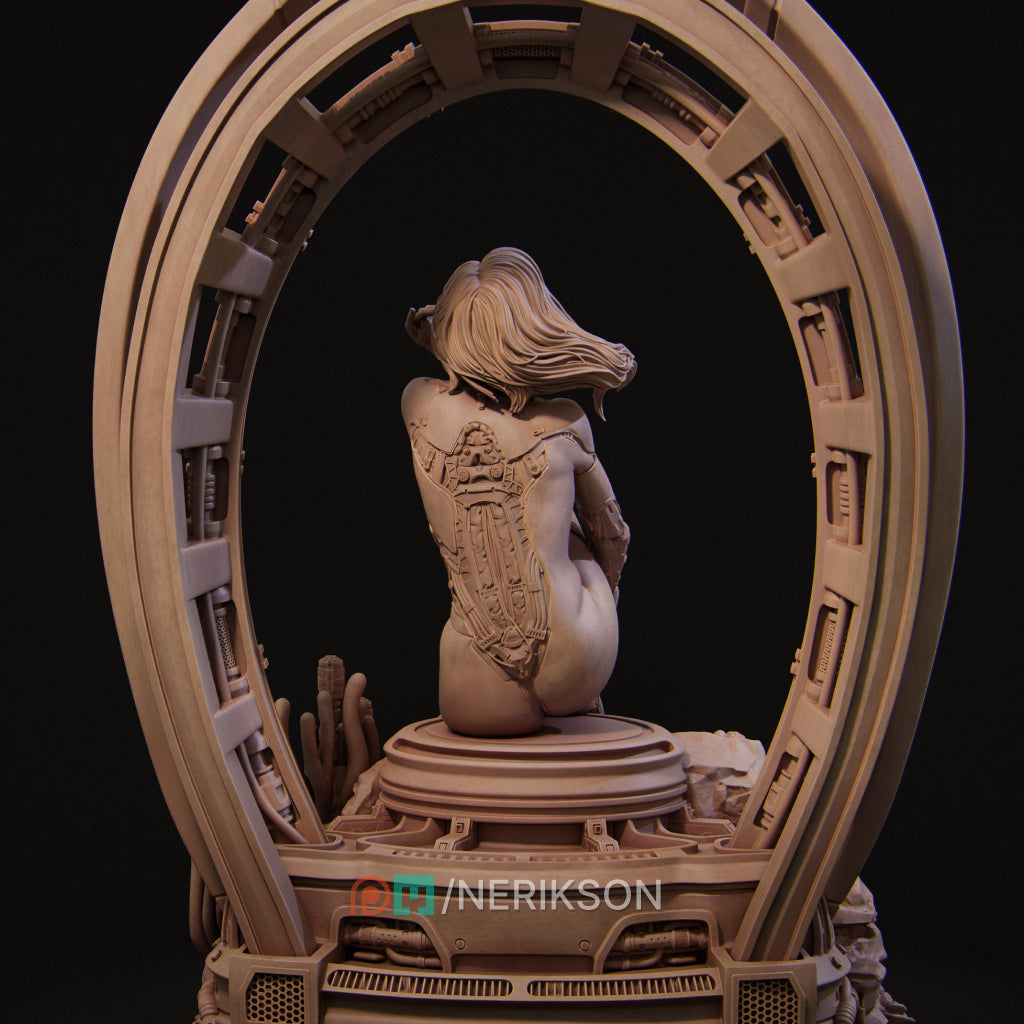 A 3D rendering of a female figure in a futuristic, mechanical setting.