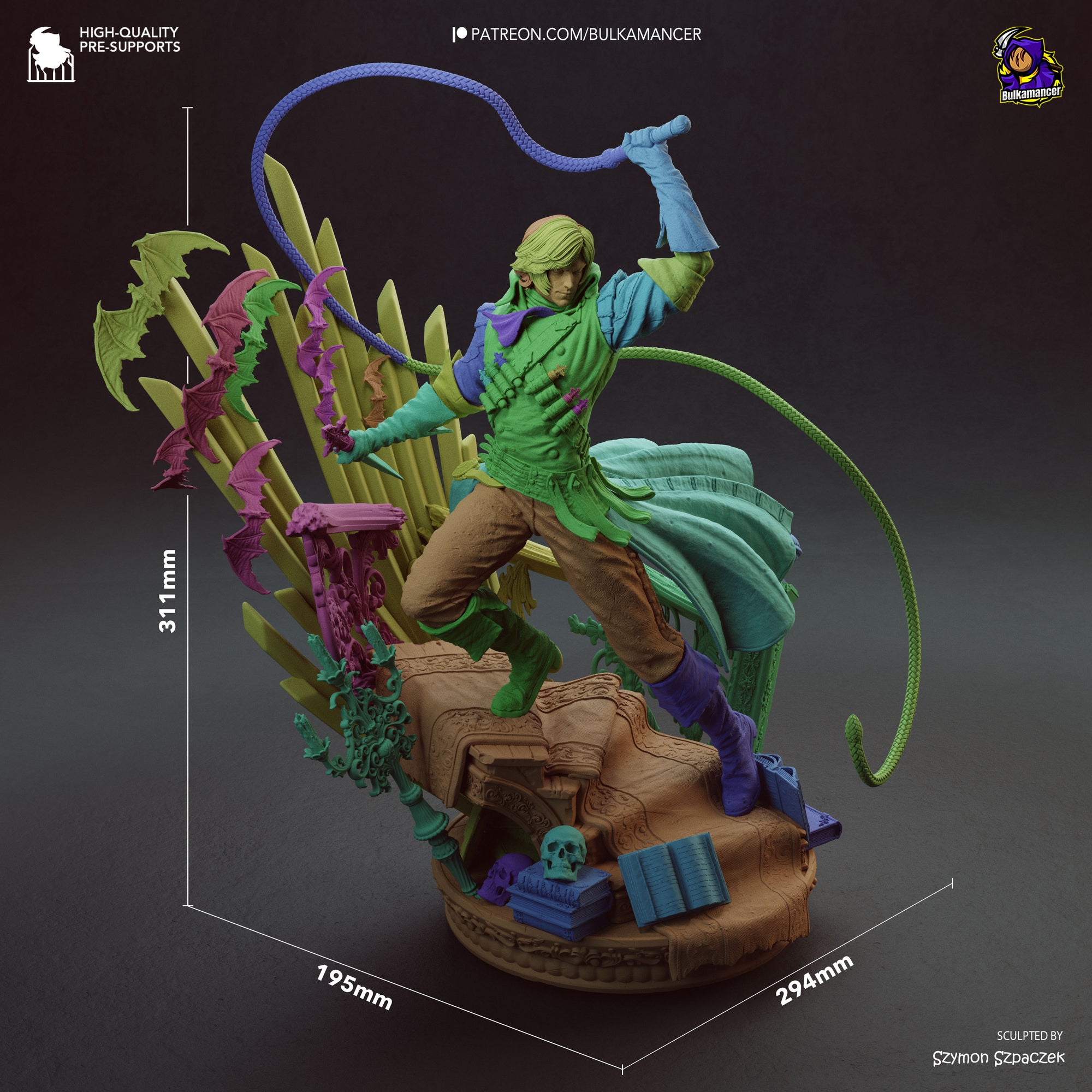 A colorful, detailed figurine of a character holding a whip and surrounded by various objects, including a skull and a skull-like shape.
