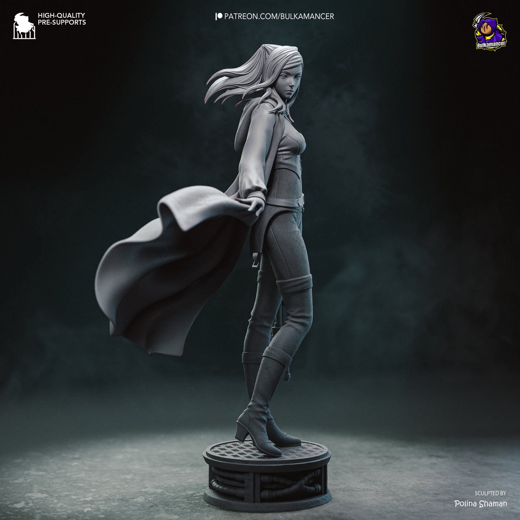 A 3D rendering of a female character with flowing hair and a cape, standing on a platform and holding a weapon.