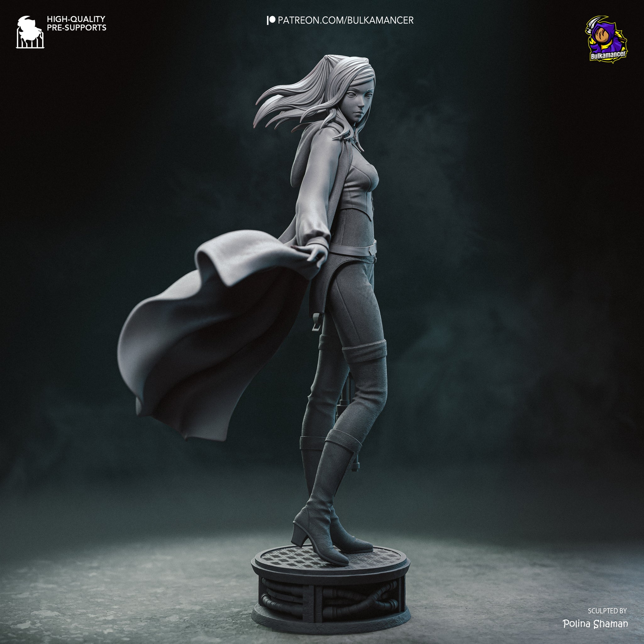 A 3D rendering of a female character with flowing hair and a cape, standing on a platform and holding a weapon.