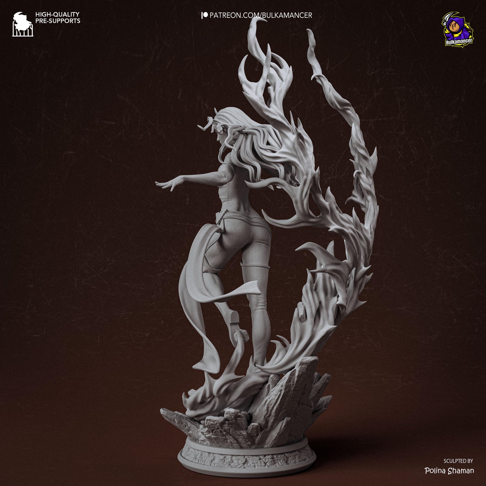 Blazing Rebirth – Elemental Fire Sorceress Display Statue | Large 3D Printed Resin Sculpture | Unpainted Collector Model