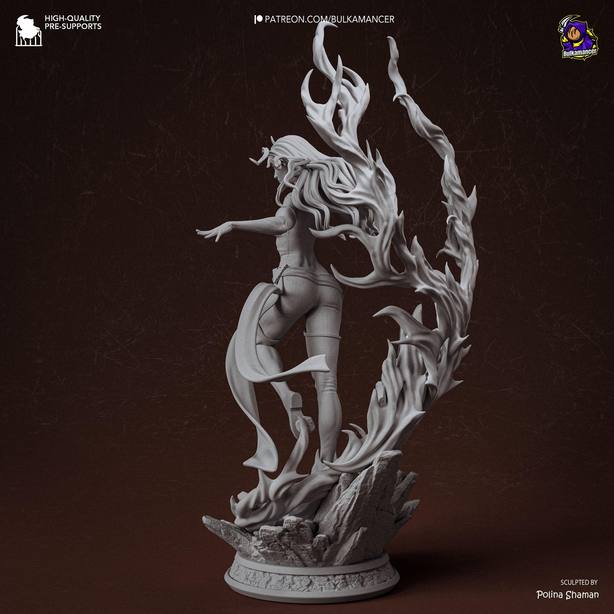 Blazing Rebirth – Elemental Fire Sorceress Display Statue | Large 3D Printed Resin Sculpture | Unpainted Collector Model