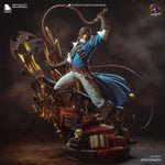 A detailed 3D rendering of a character in a blue outfit, wielding a lasso and surrounded by various weapons and armor pieces, set against a dark, moody background.