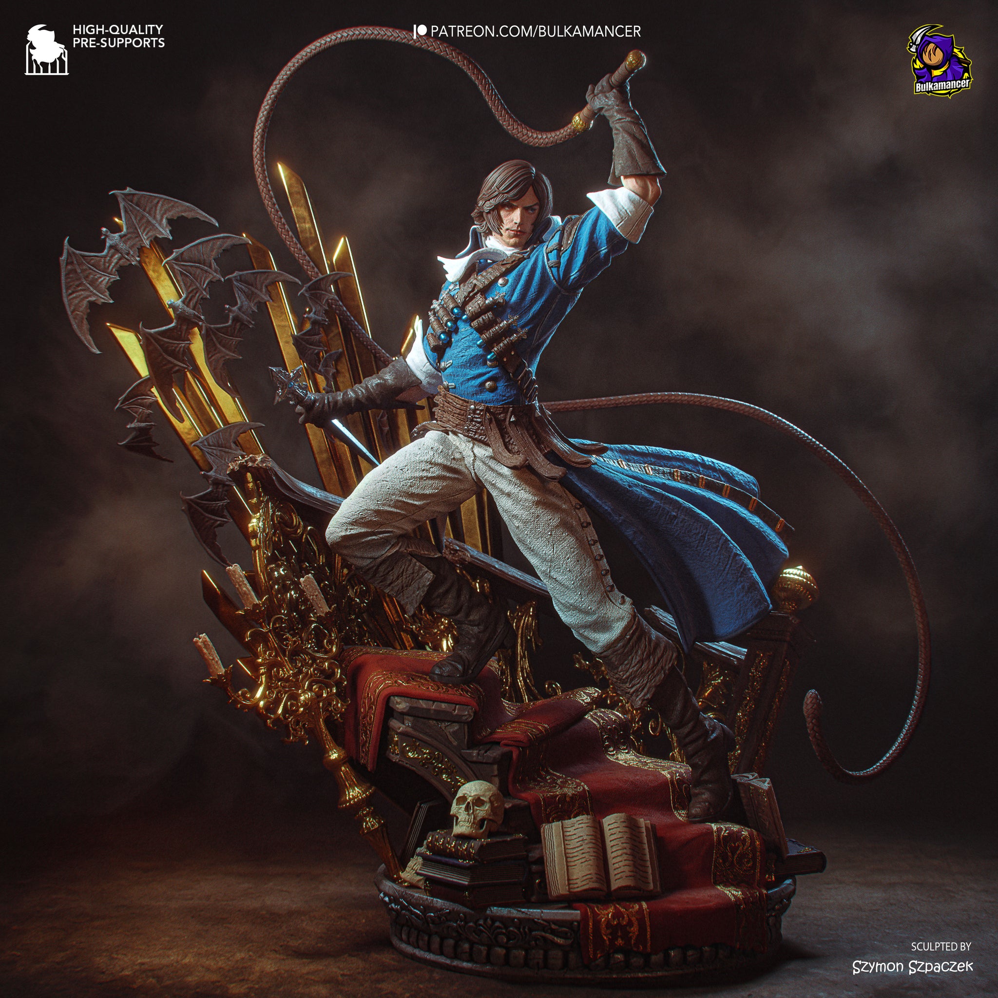 A detailed 3D rendering of a character in a blue outfit, wielding a lasso and surrounded by various weapons and armor pieces, set against a dark, moody background.