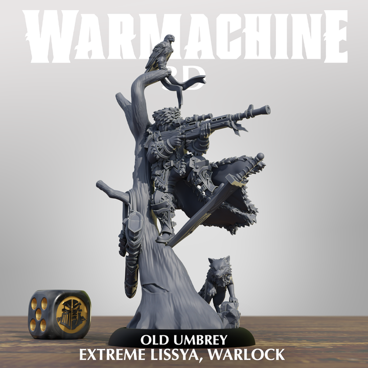 A 3D rendering of a figurine of a character with a gun, a bird, and a wolf-like creature, standing on a tree branch. The character appears to be a warrior or knight, with a large gun and a sword. The background is a plain white color.