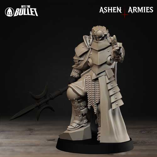 A detailed 3D model of a knight in armor, standing on a base and holding a sword in one hand and a shield in the other.
