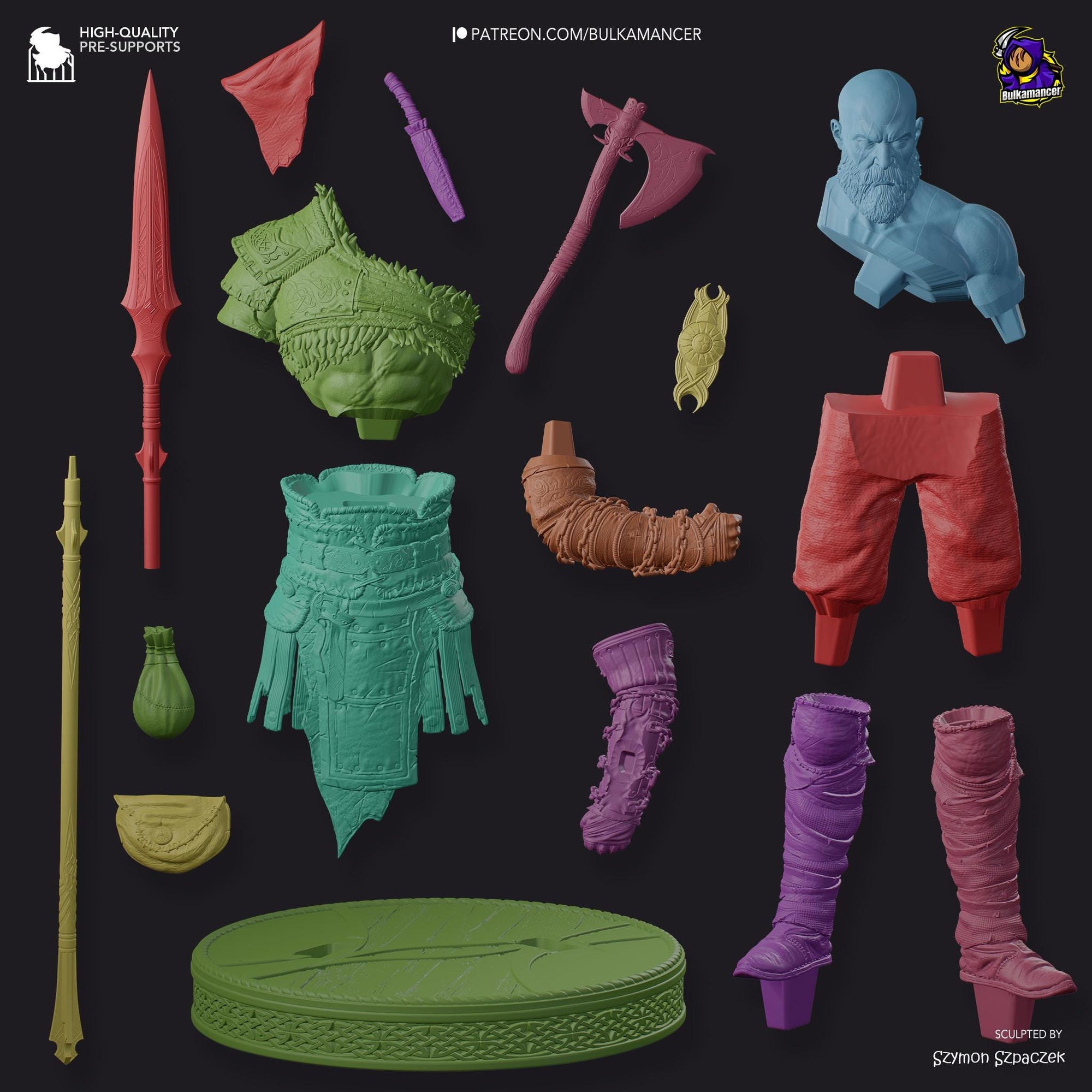 a collection of different colored plastic items on a black background