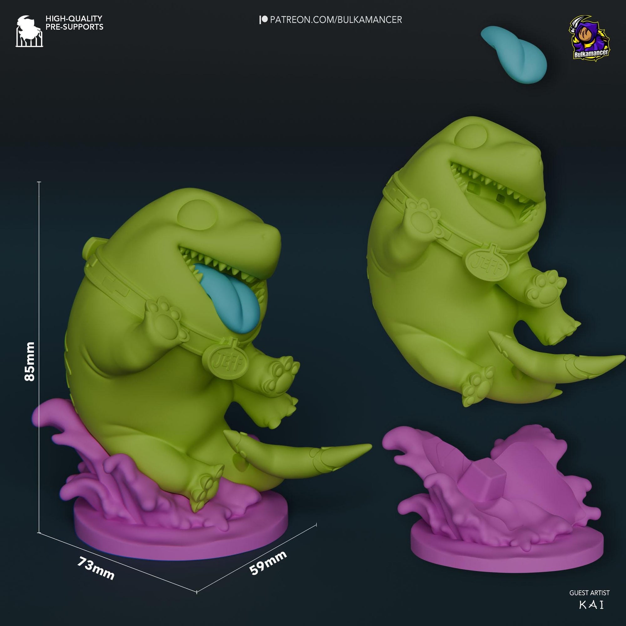 a green and purple toy with a big mouth