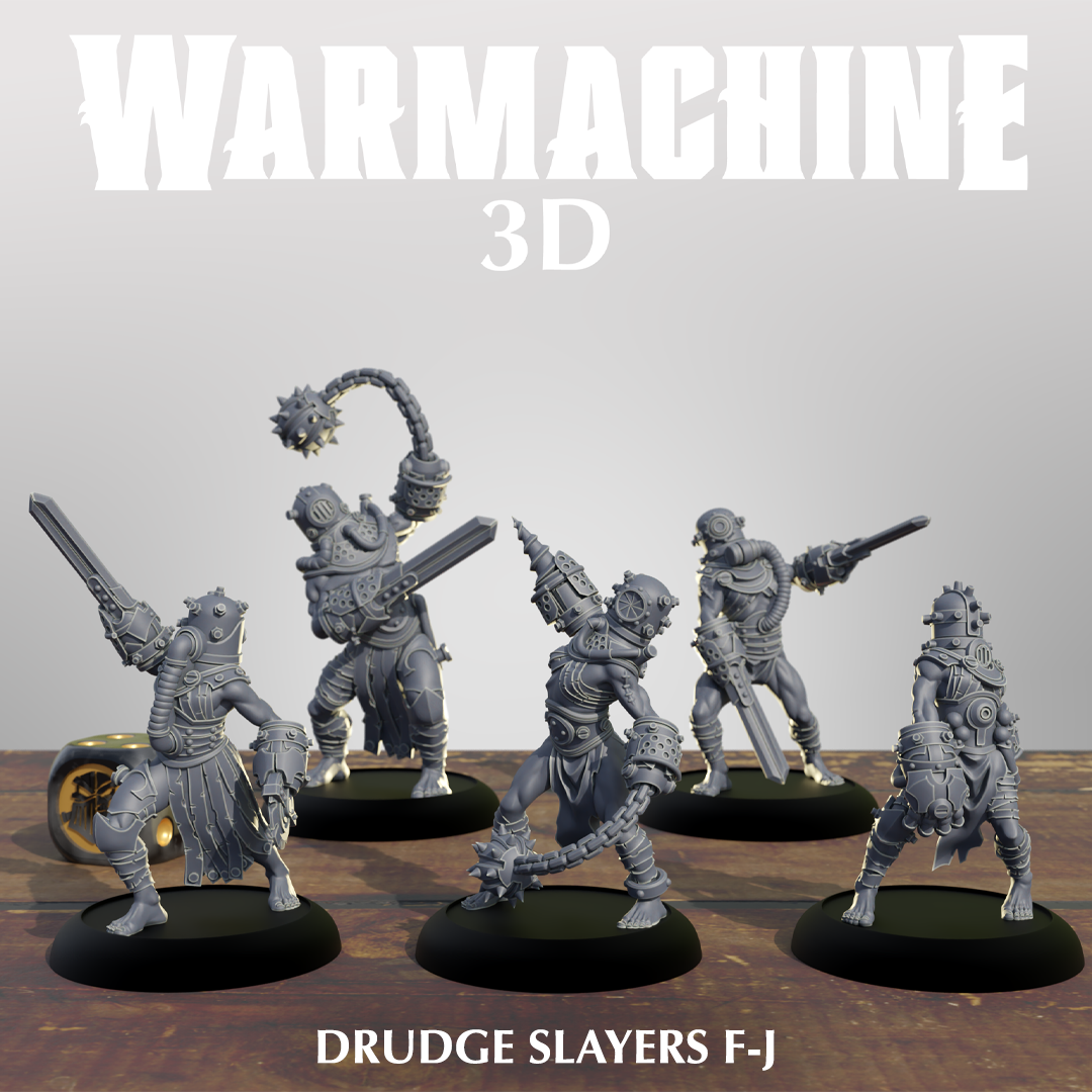 five figurines of drudge slayers, a type of fantasy character, arranged on a wooden surface.