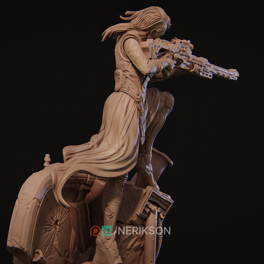 A 3D rendering of a female character with long hair, wearing a flowing dress and holding a gun, standing on a platform against a dark background.