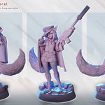 The image is a collage of three 3D models of a female character named Mira, who is a member of the "Sniper General" team. The character is depicted in various poses, holding a gun and standing in different stances.