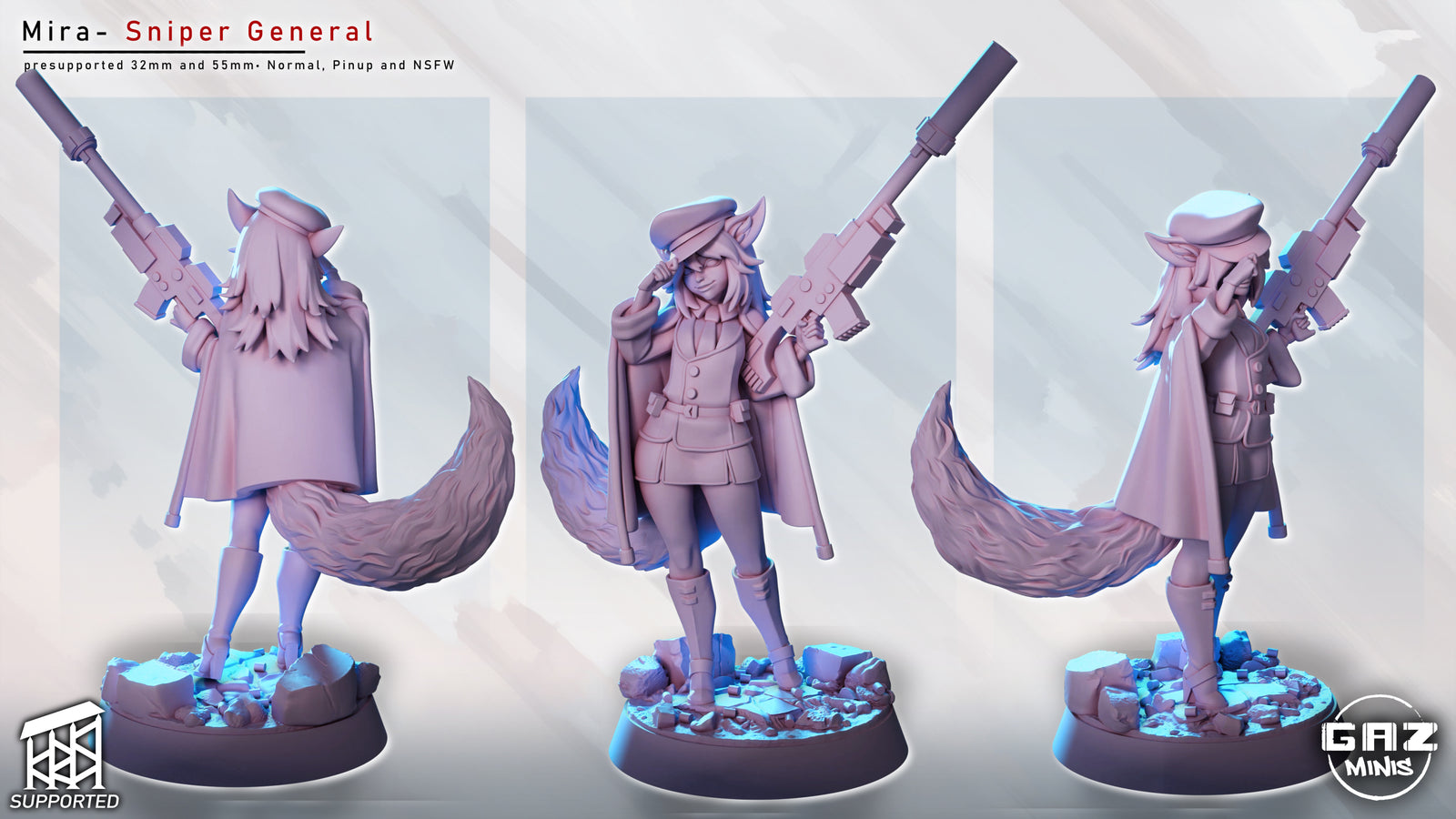 The image is a collage of three 3D models of a female character named Mira, who is a member of the "Sniper General" team. The character is depicted in various poses, holding a gun and standing in different stances.