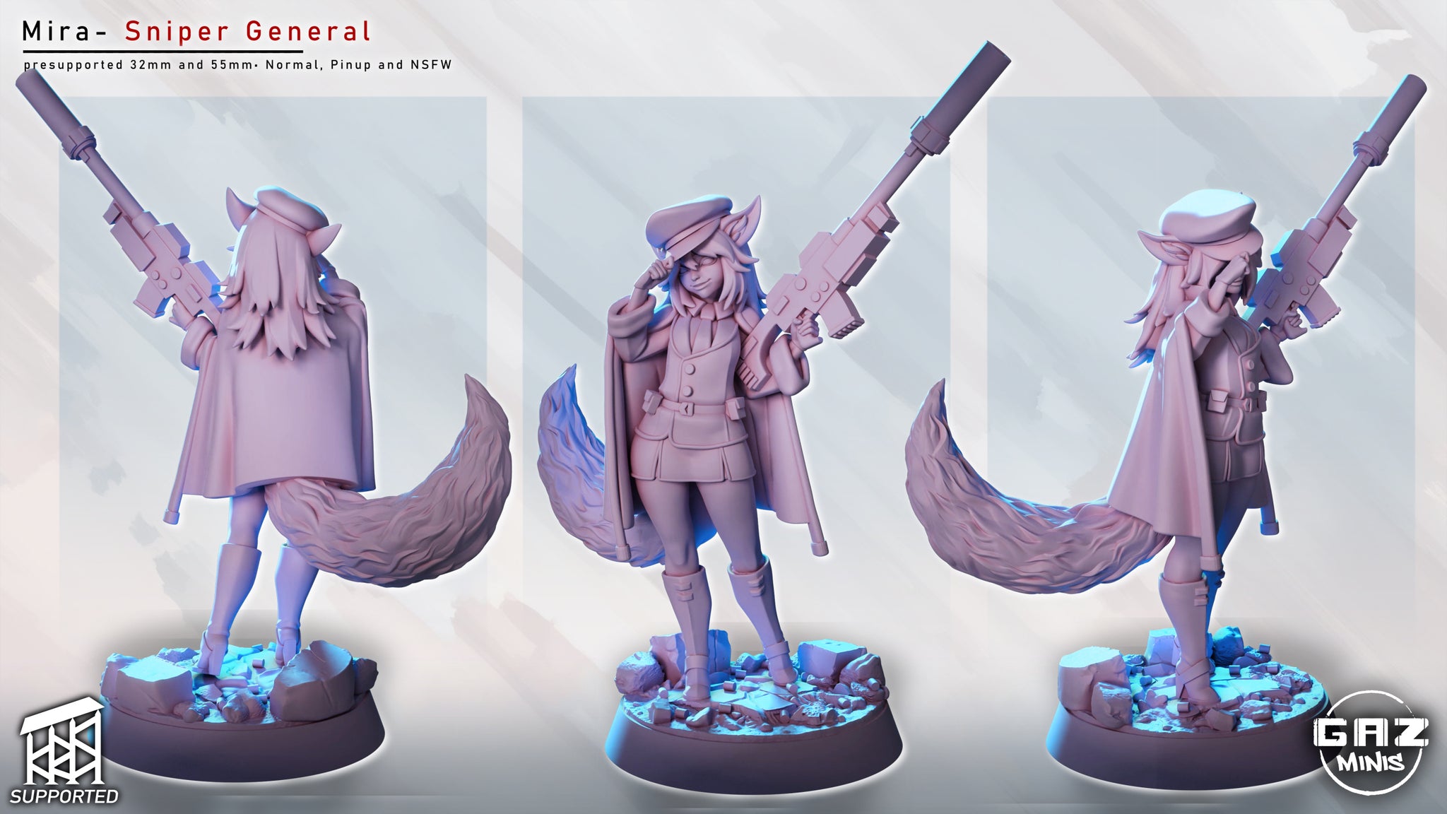 The image is a collage of three 3D models of a female character named Mira, who is a member of the "Sniper General" team. The character is depicted in various poses, holding a gun and standing in different stances.